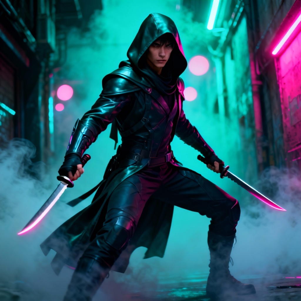 AI cyberpunk rogue game character concept with neon lighting