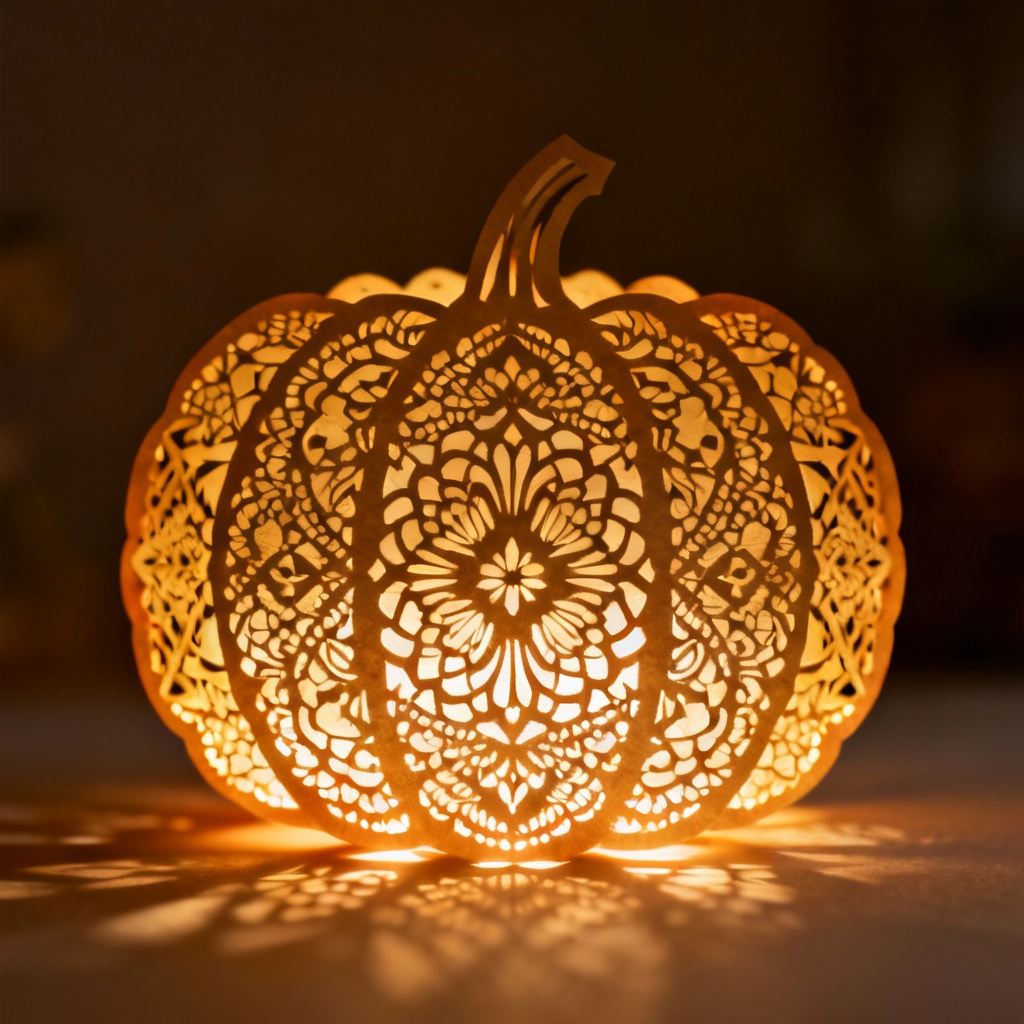 Intricate papercut pumpkin lantern with lace pattern