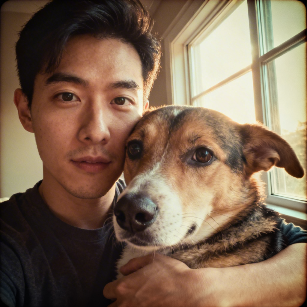 AI open eyes selfie with owner and dog