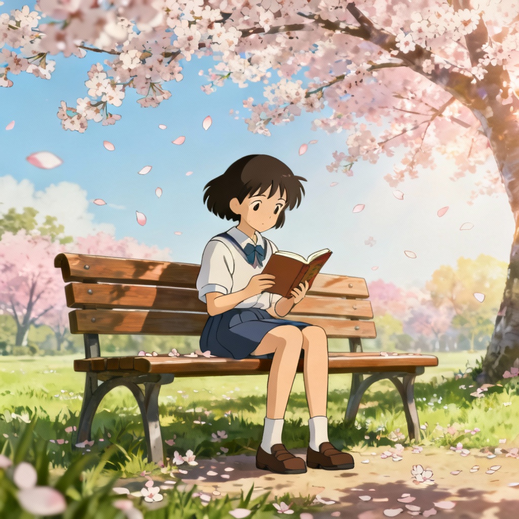 Anime girl reading under cherry blossoms