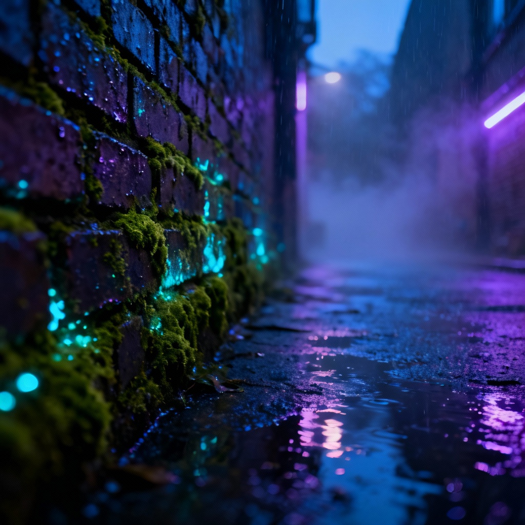 Cyberpunk alley with neon signs and glowing moss