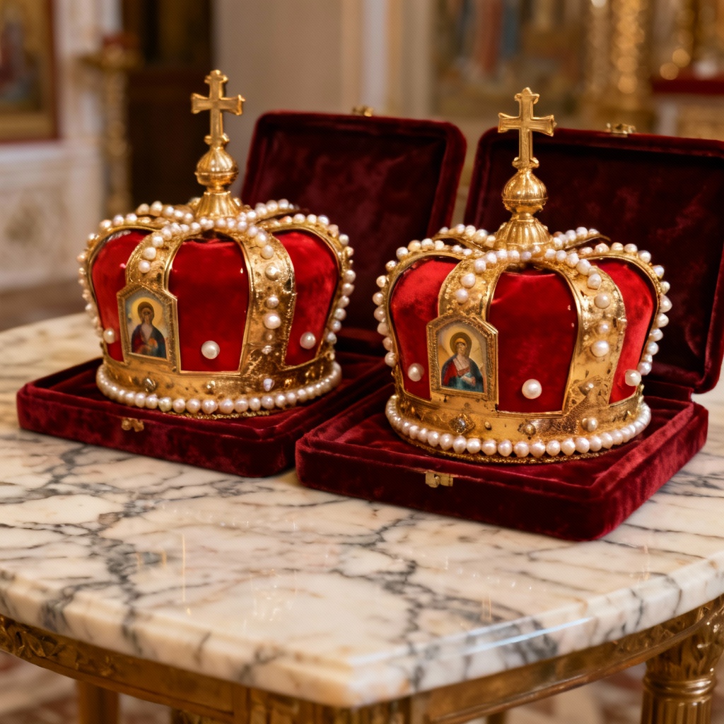 AI Orthodox wedding crown pair with enamel, pearls, and crosses