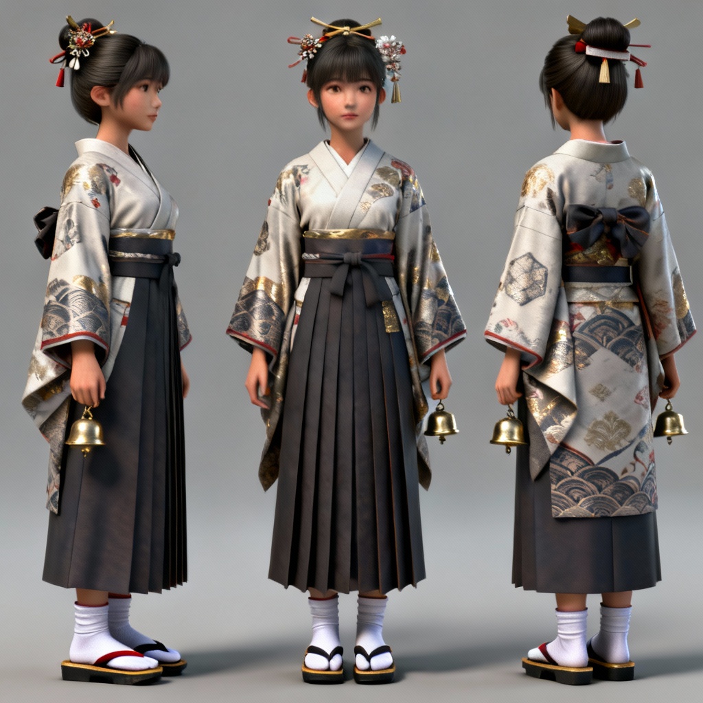 AI 3D stylized shrine maiden character turnaround
