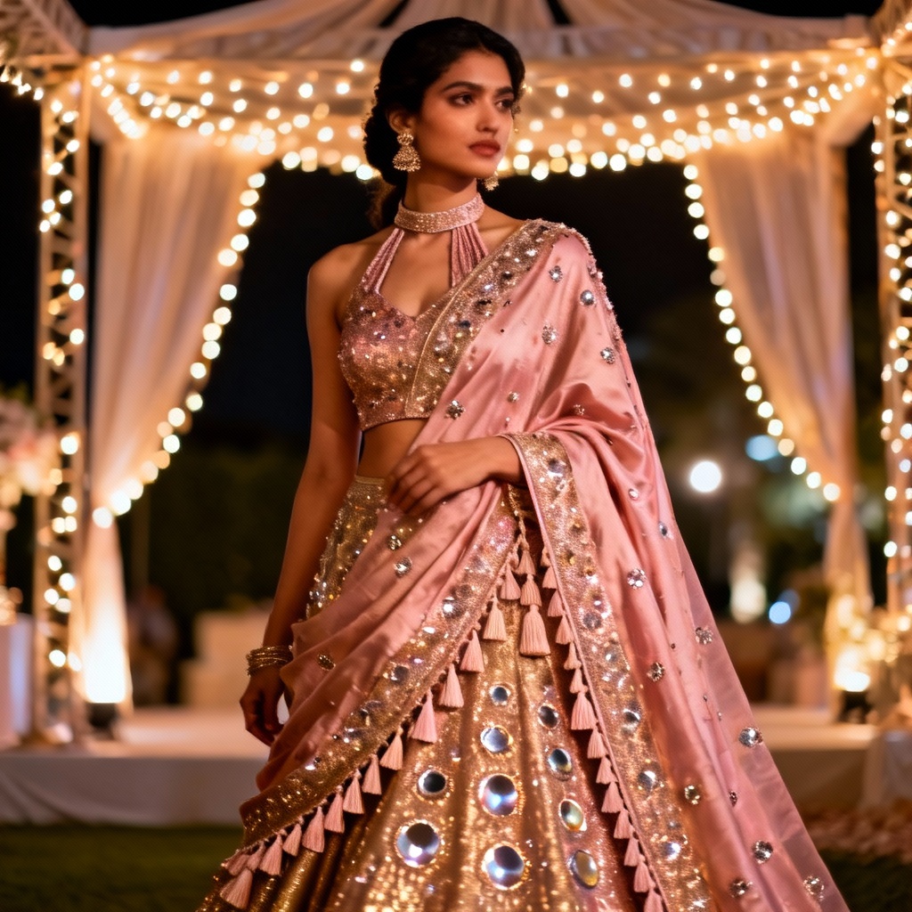 Fusion rose gold lehenga saree with mirrorwork and tassel border