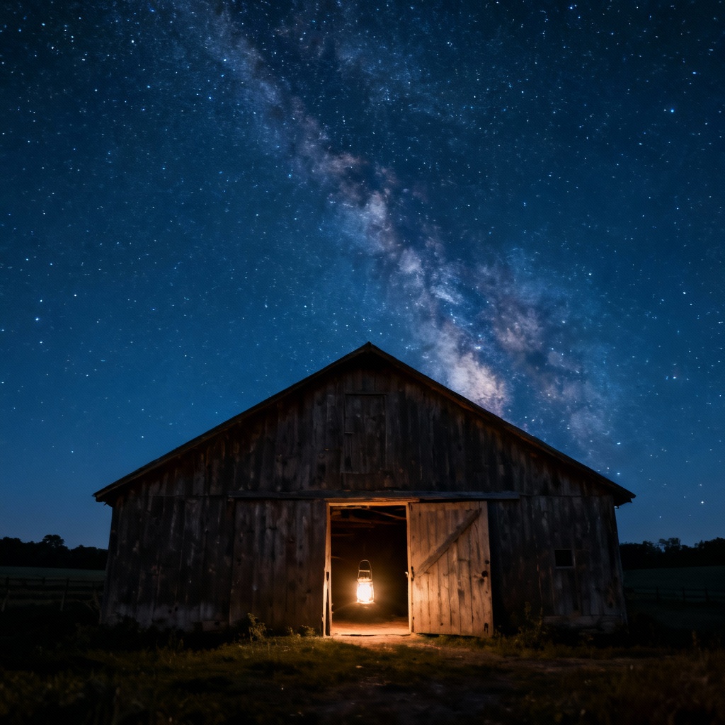AI rustic barn at night under the Milky Way