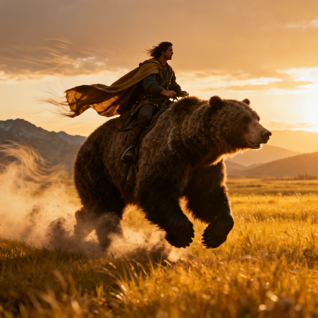 AI rider on a grizzly bear at sunset in a cinematic scene
