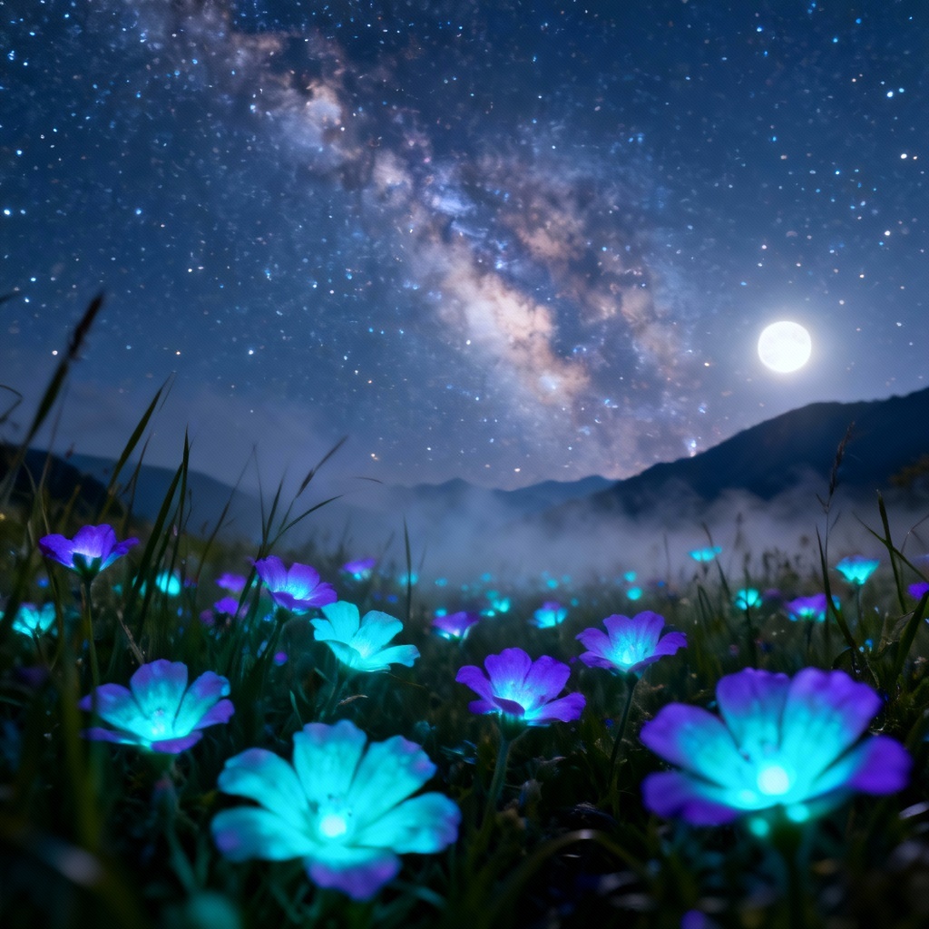 AI bioluminescent wildflower meadow at night