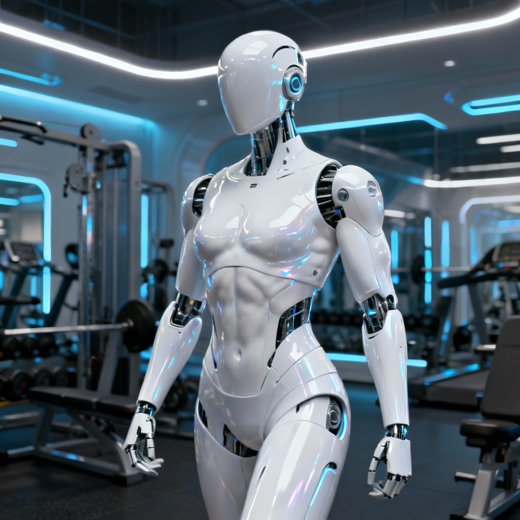 AI glossy white android athlete figure