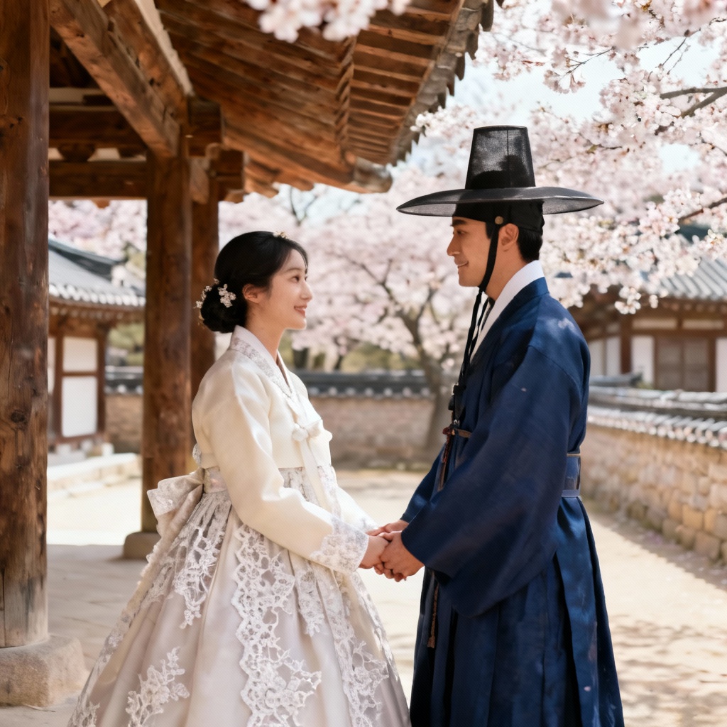 AI Korean hanbok wedding at palace courtyard