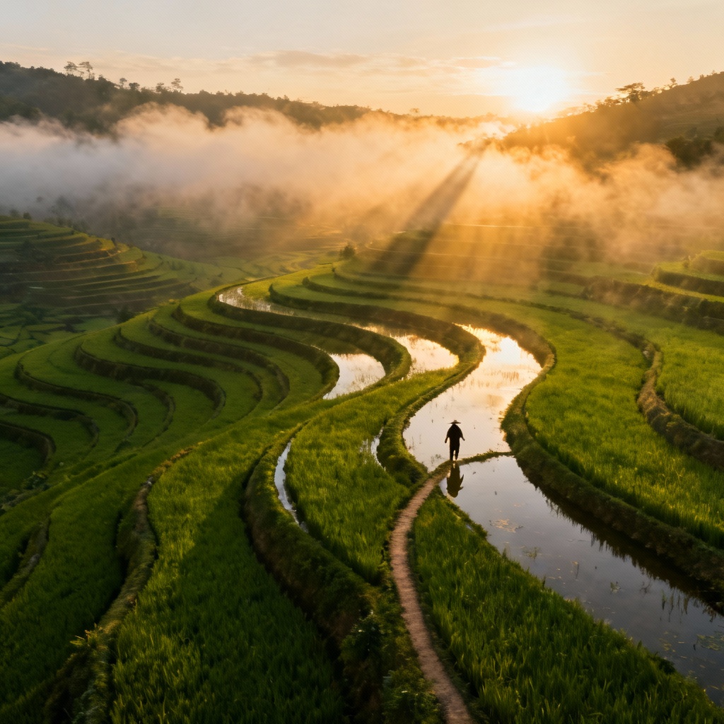 AI aerial view of green rice terraces at sunrise with mist