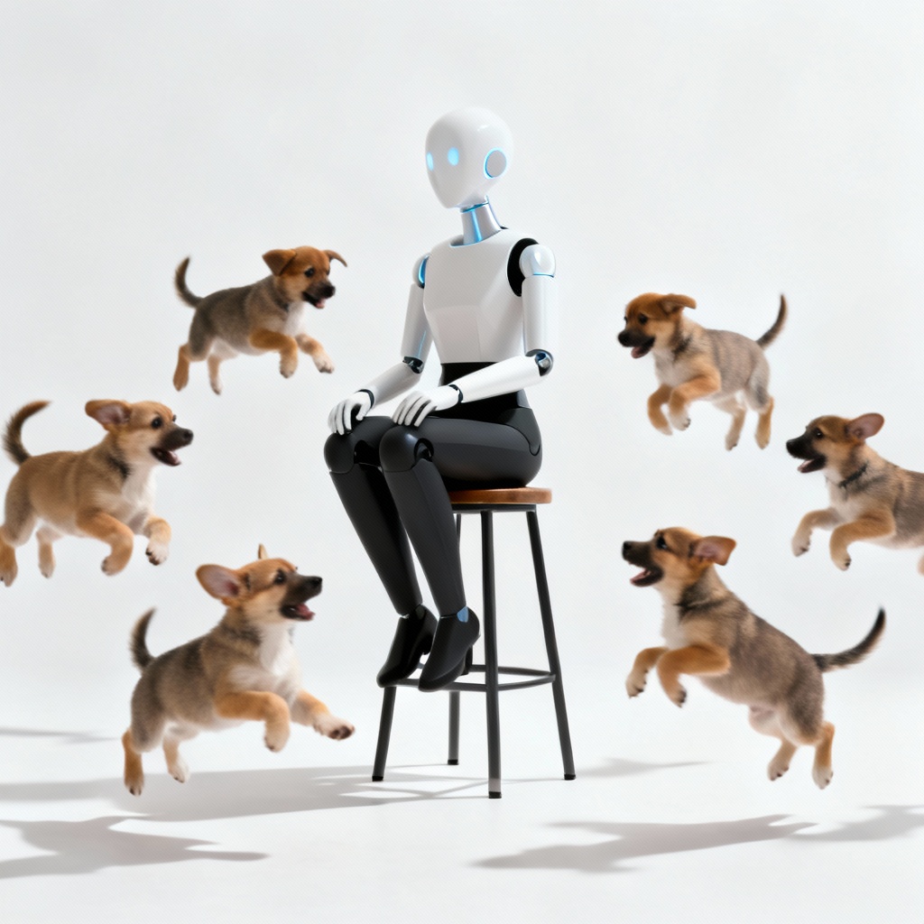 Studio portrait of AI surrounded by puppies on a white backdrop