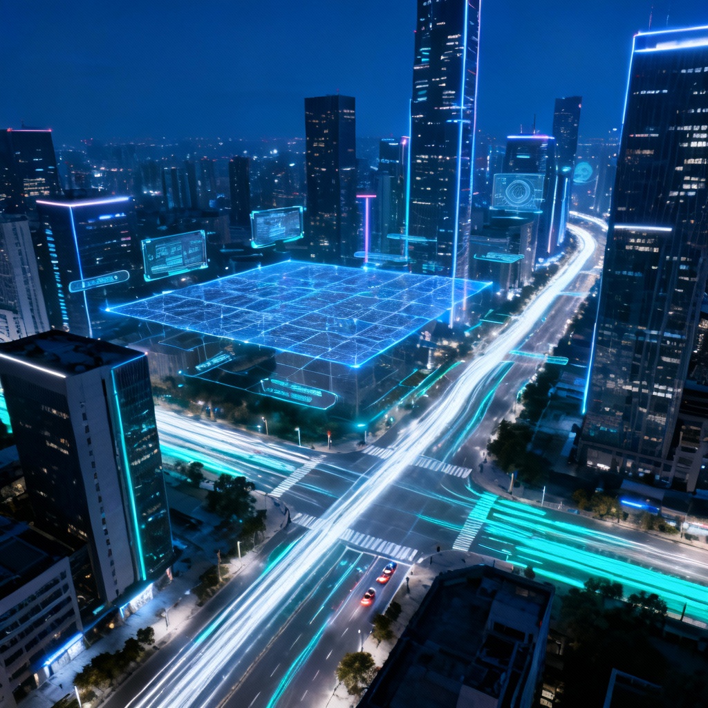 AI aerial smart city at night with traffic light trails