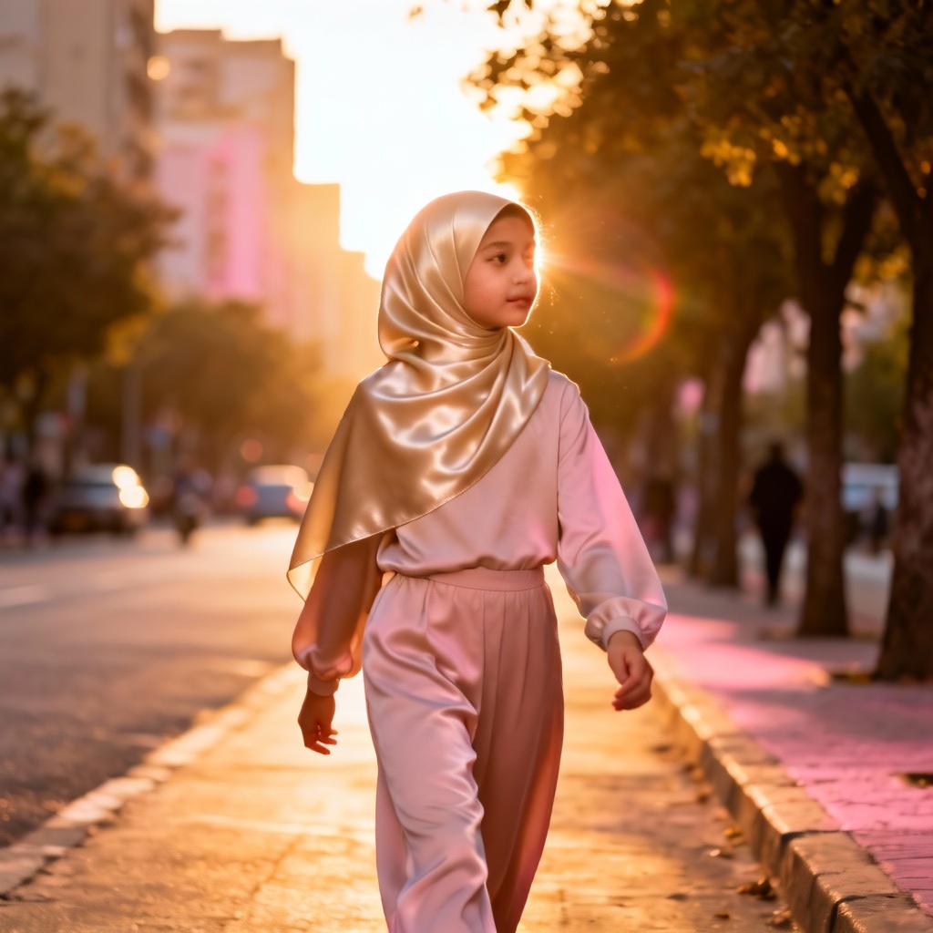 AI golden hour street portrait of a girl in beige hijab