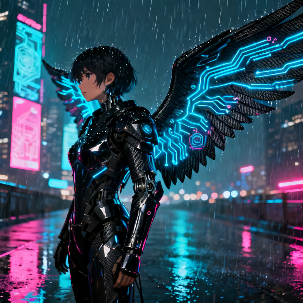 AI cyberpunk black angel with neon wings in a rainy city