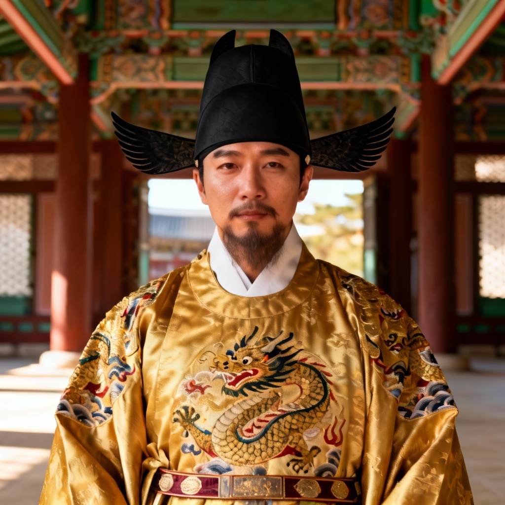 AI Royal Joseon Dynasty king avatar in gold dragon robe