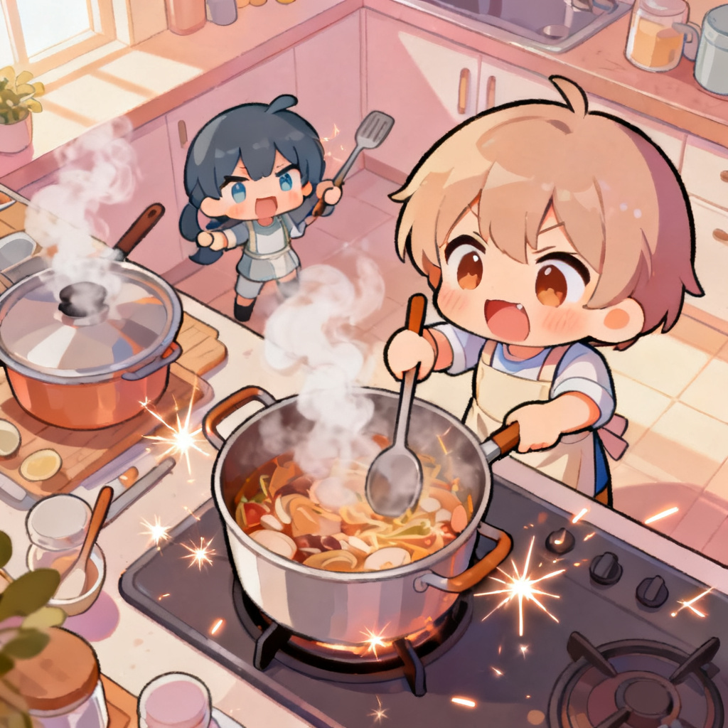 AI chibi cartoon cooking scene in pastel style