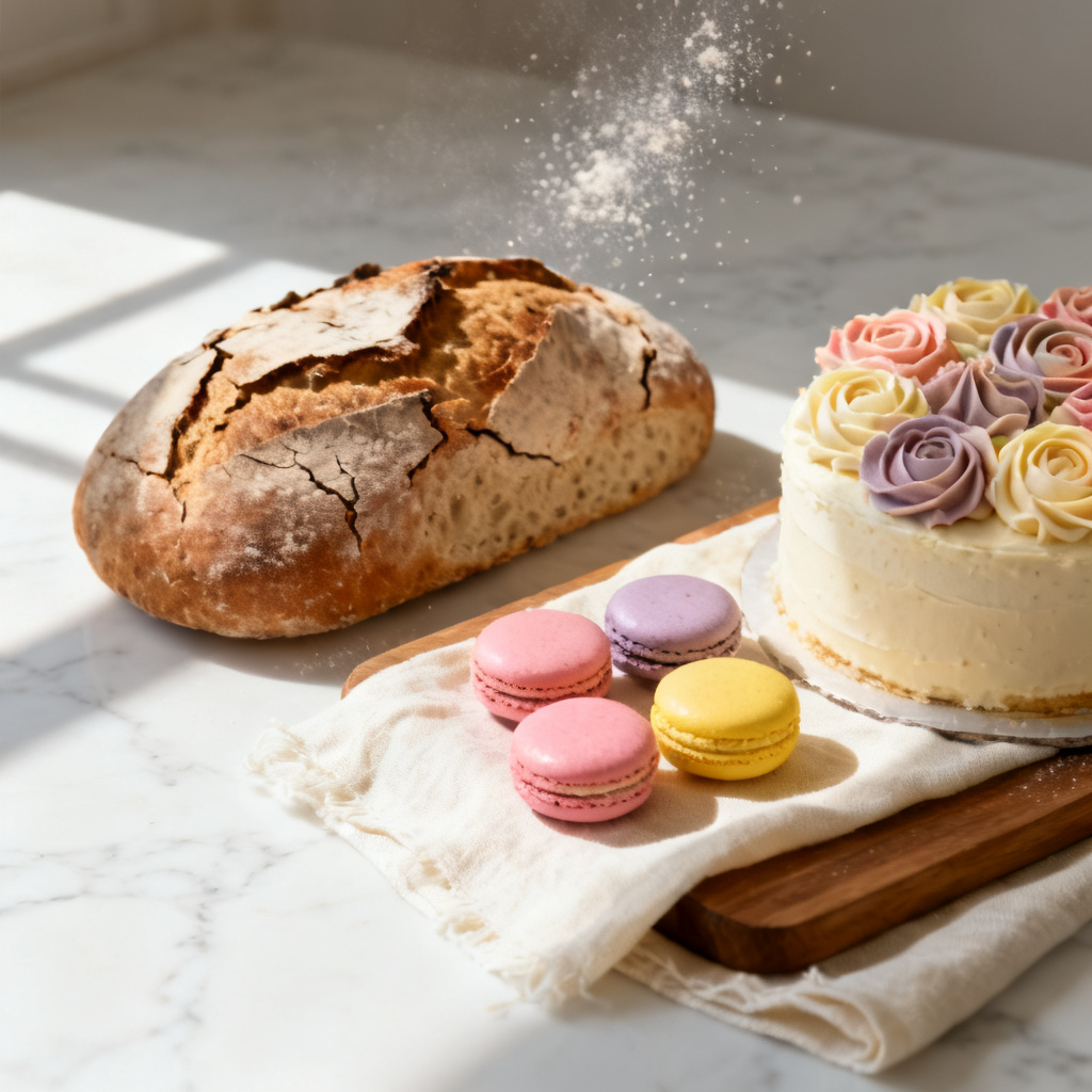 AI baking generator hero image of assorted pastries, cake, and bread