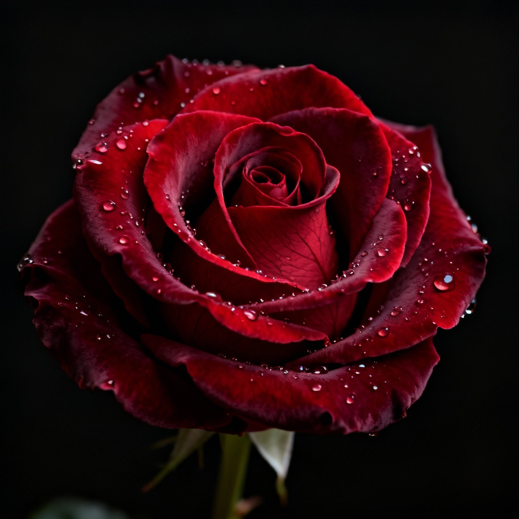 Photorealistic macro of a single red rose with dew drops on petals