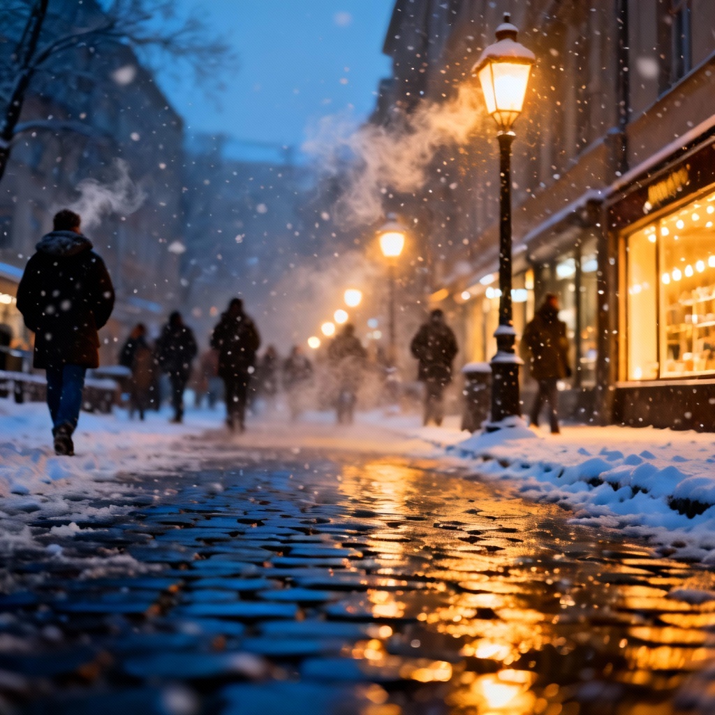 AI snowy city street with warm lights at sunset