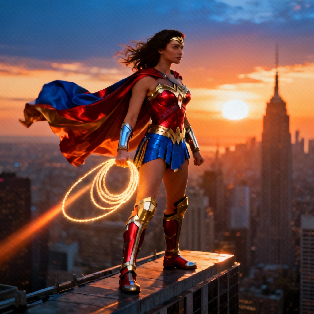 AI cinematic Wonder Women on rooftop at sunset