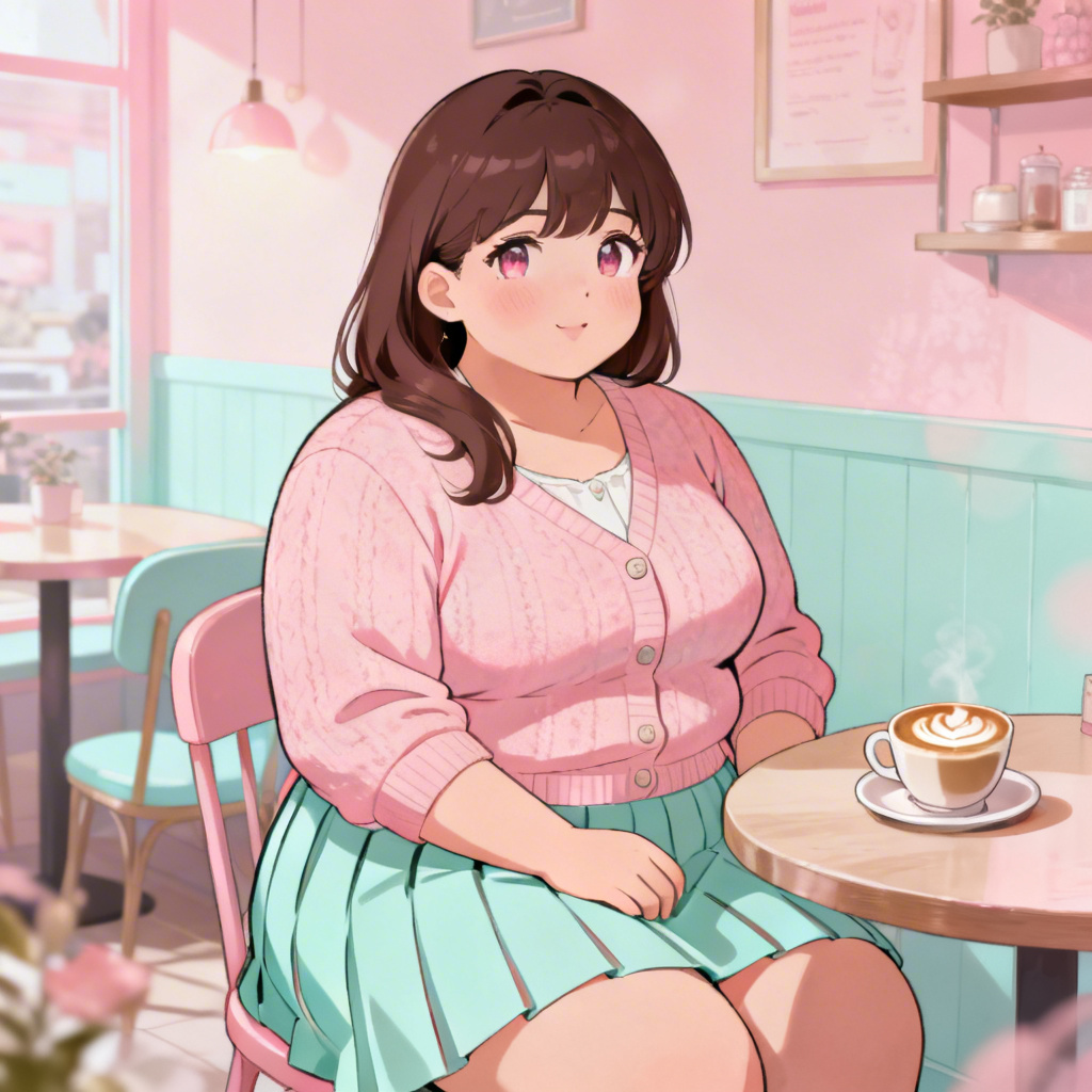 Adult chubby anime girl in a pastel café scene