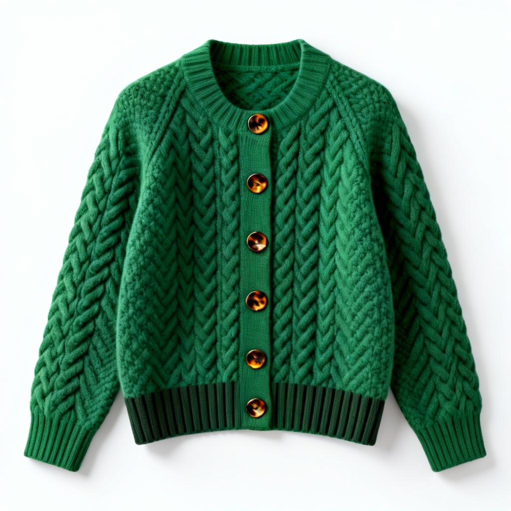 Emerald green cable knit button-up cardigan product mockup