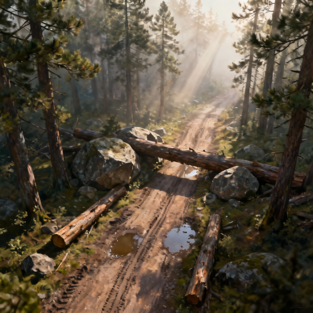 AI forest road ambush battlemap with square grid and mist