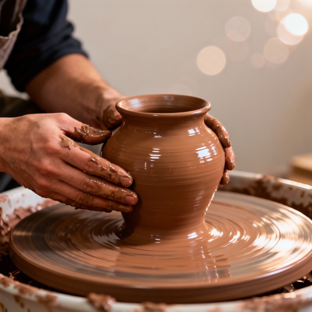AI potter shaping clay on a wheel with tactile detail