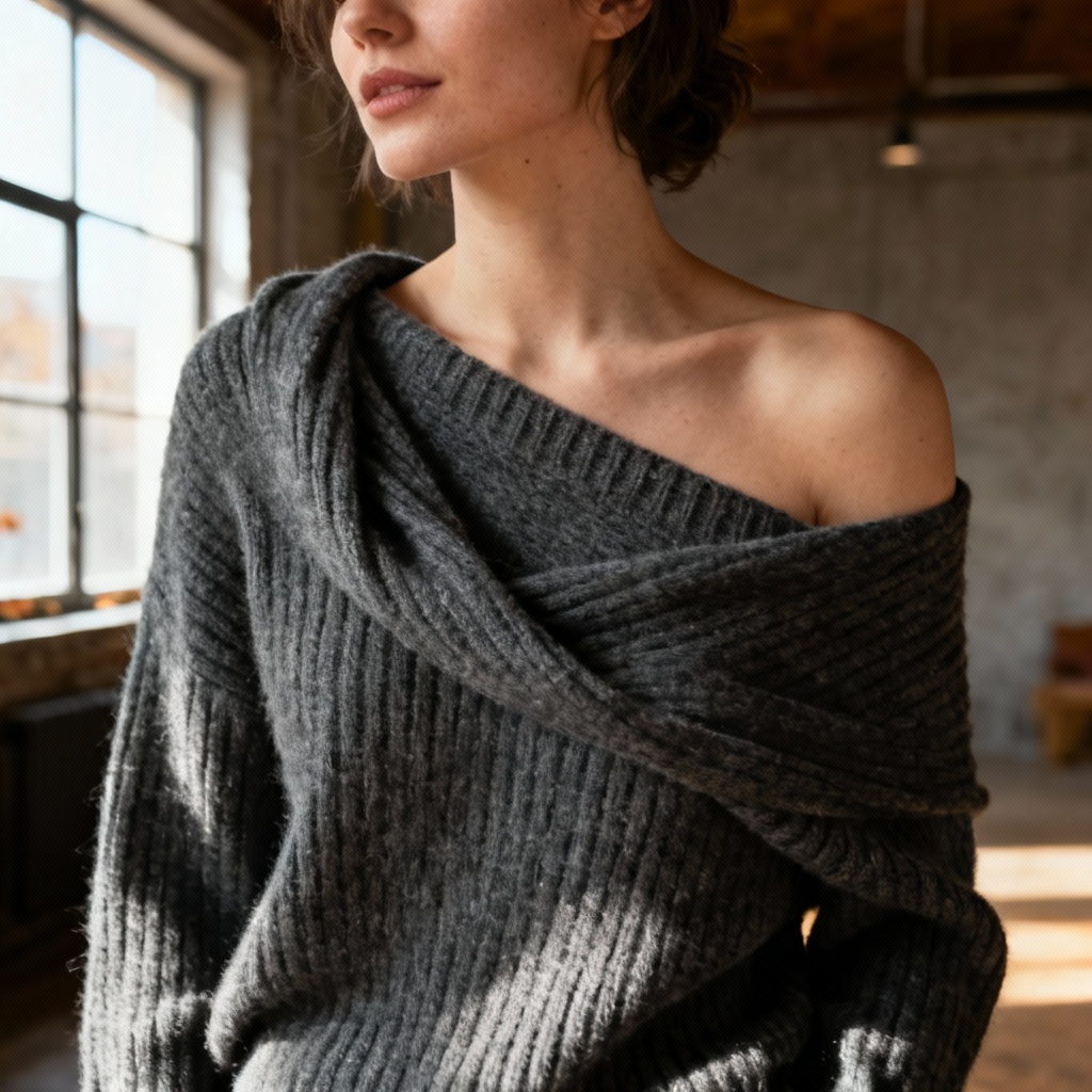 AI asymmetrical off-shoulder knit sweater in charcoal gray