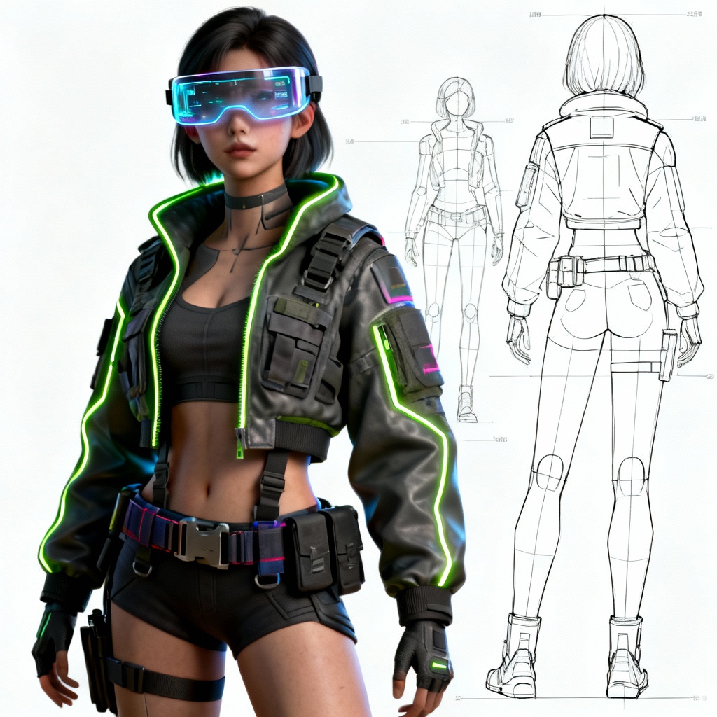 AI cyberpunk game character turnaround sheet