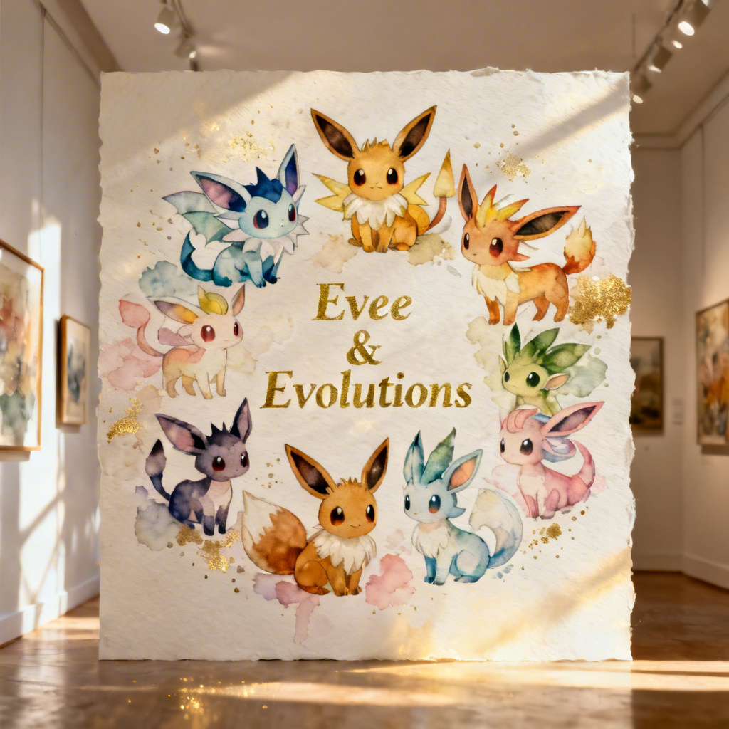 Watercolor Eeveelutions collage poster with soft gradients
