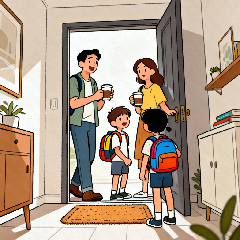 AI cartoon family school morning