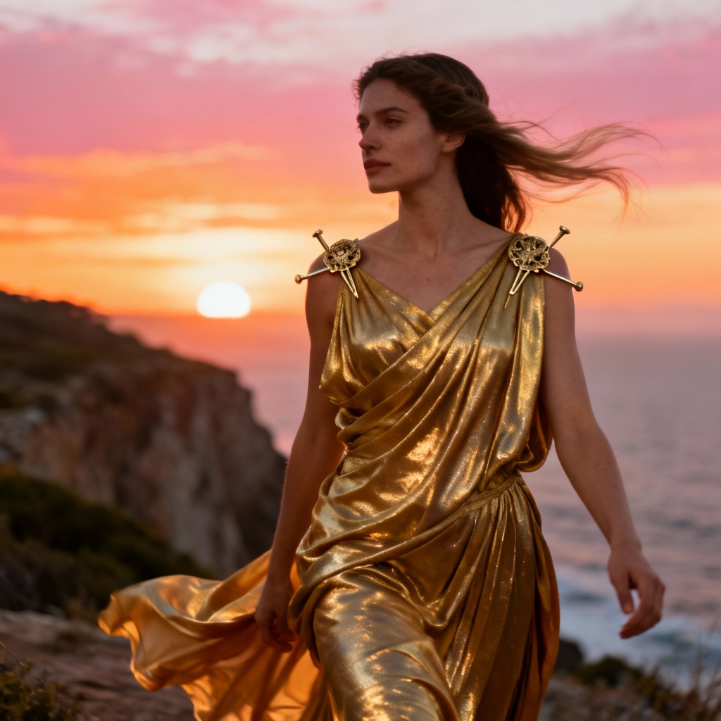 AI peplos dress at sunset with gold accents