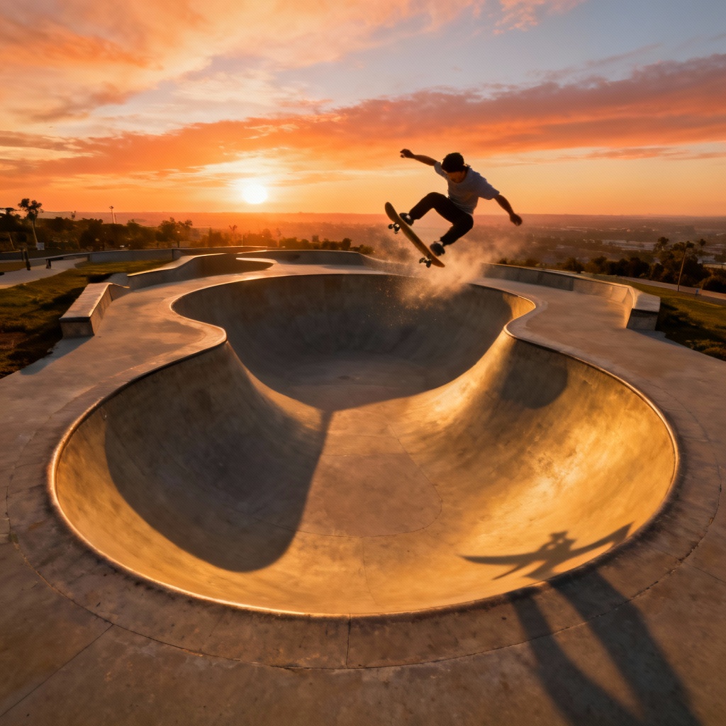 AI aerial bowl skateboarding at sunset