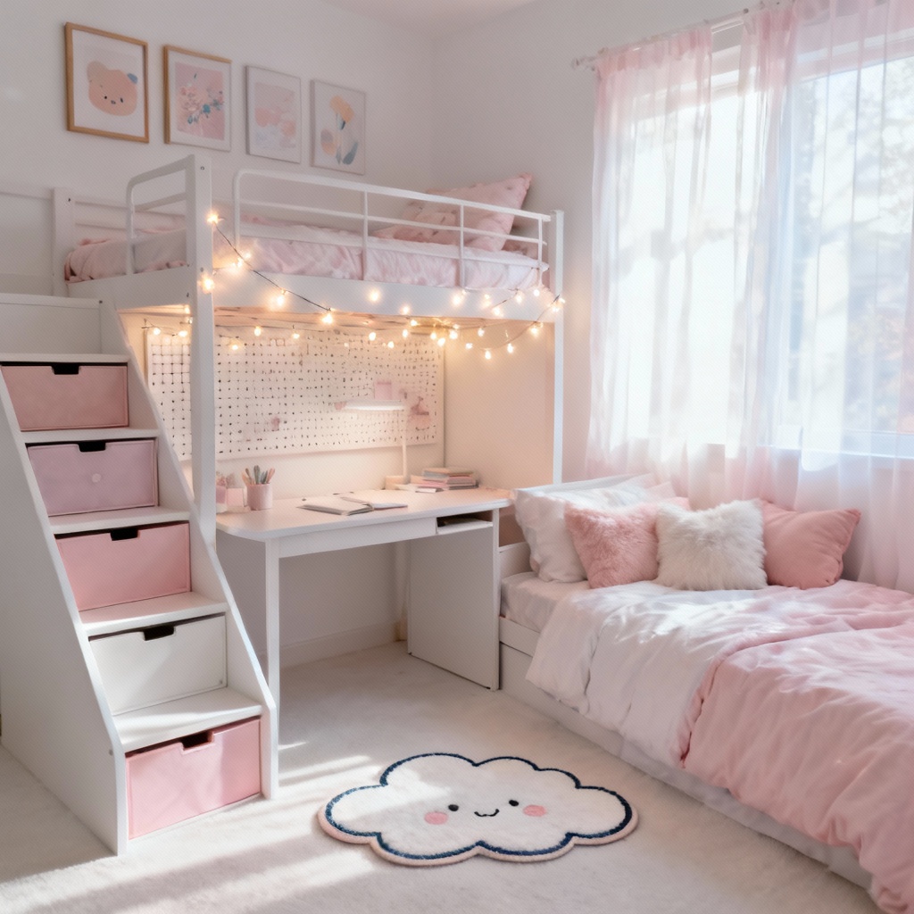 AI generated pastel kawaii teen girl bedroom with loft bed, study desk, and soft pink lighting