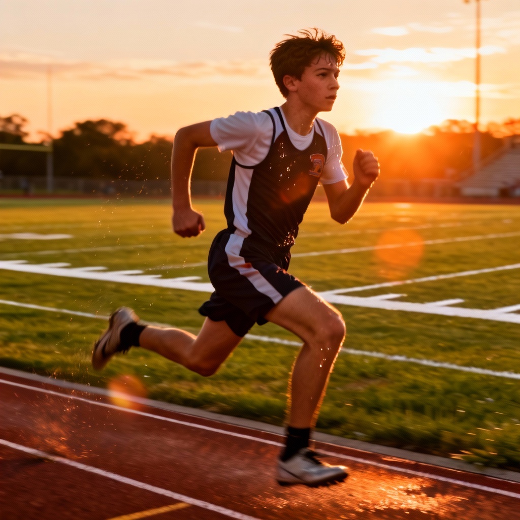 AI school boy runner on the track field at sunset