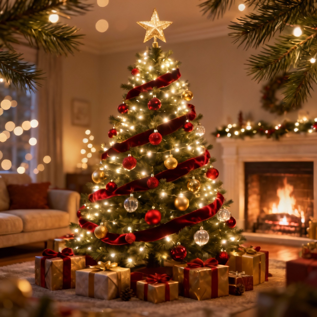 Cozy living room with a glowing AI-generated Christmas tree and gifts