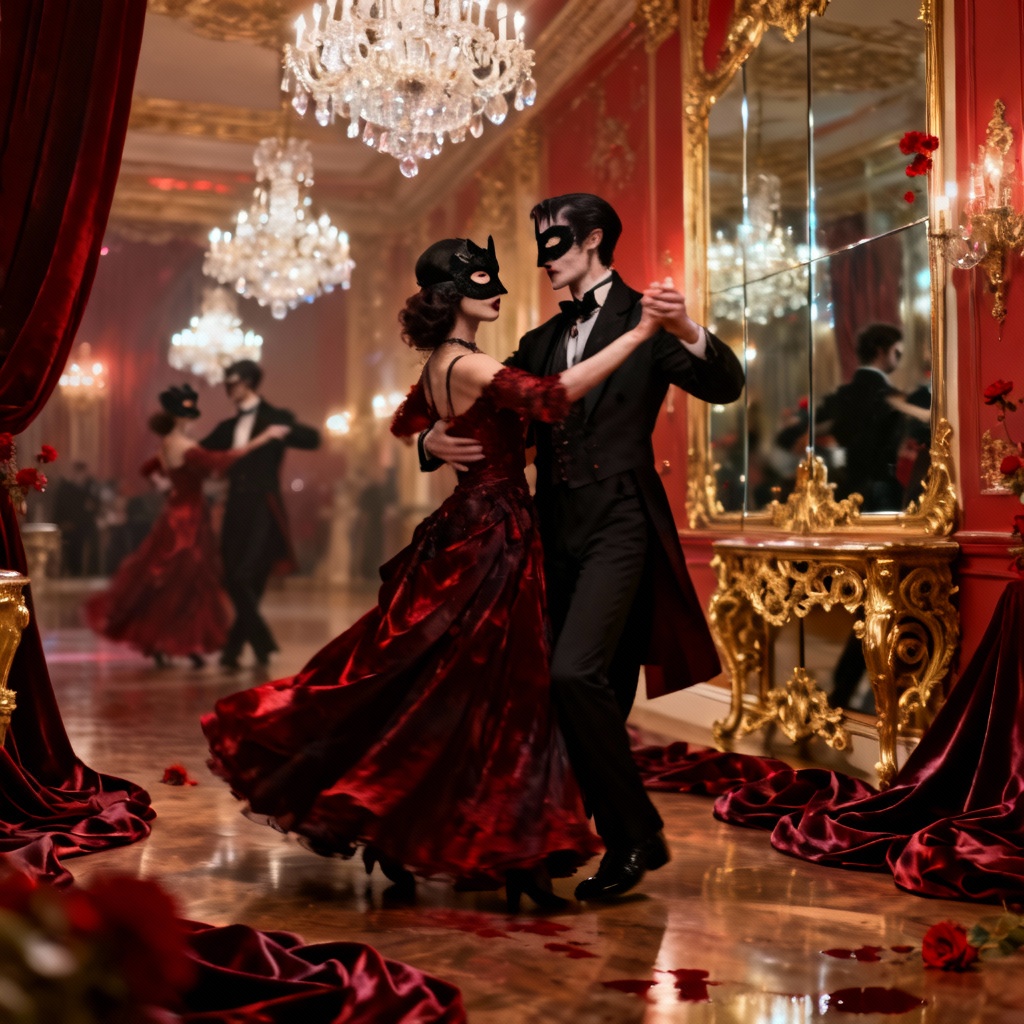 AI vampire masquerade in a crimson gothic ballroom
