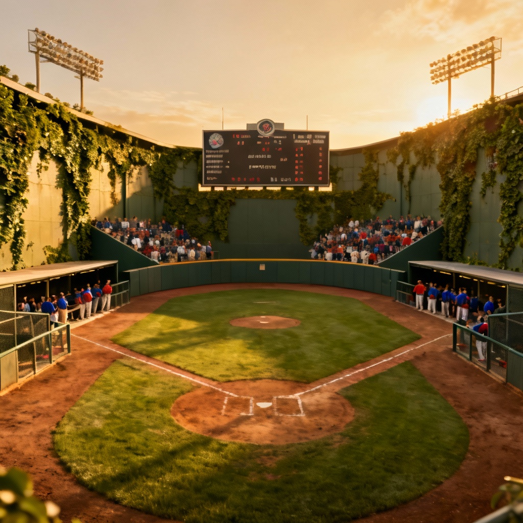 AI baseball ballpark render at golden hour with crowd
