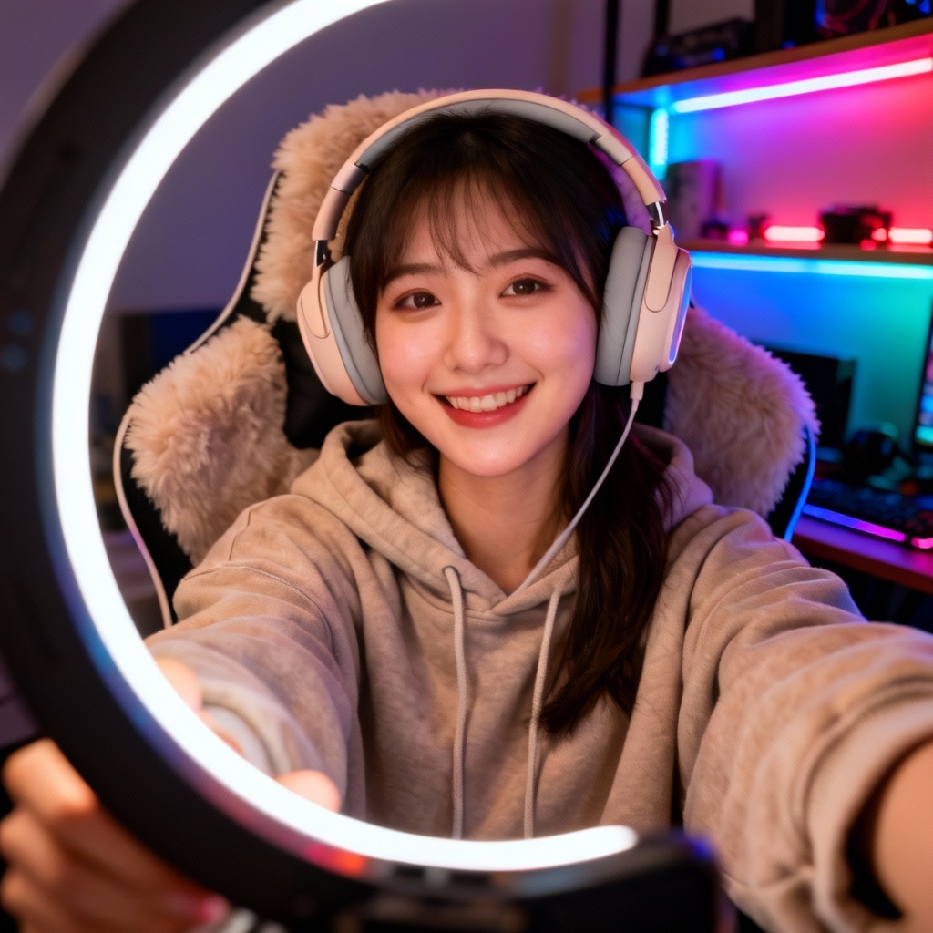 AI cozy gamer e-girl headset selfie