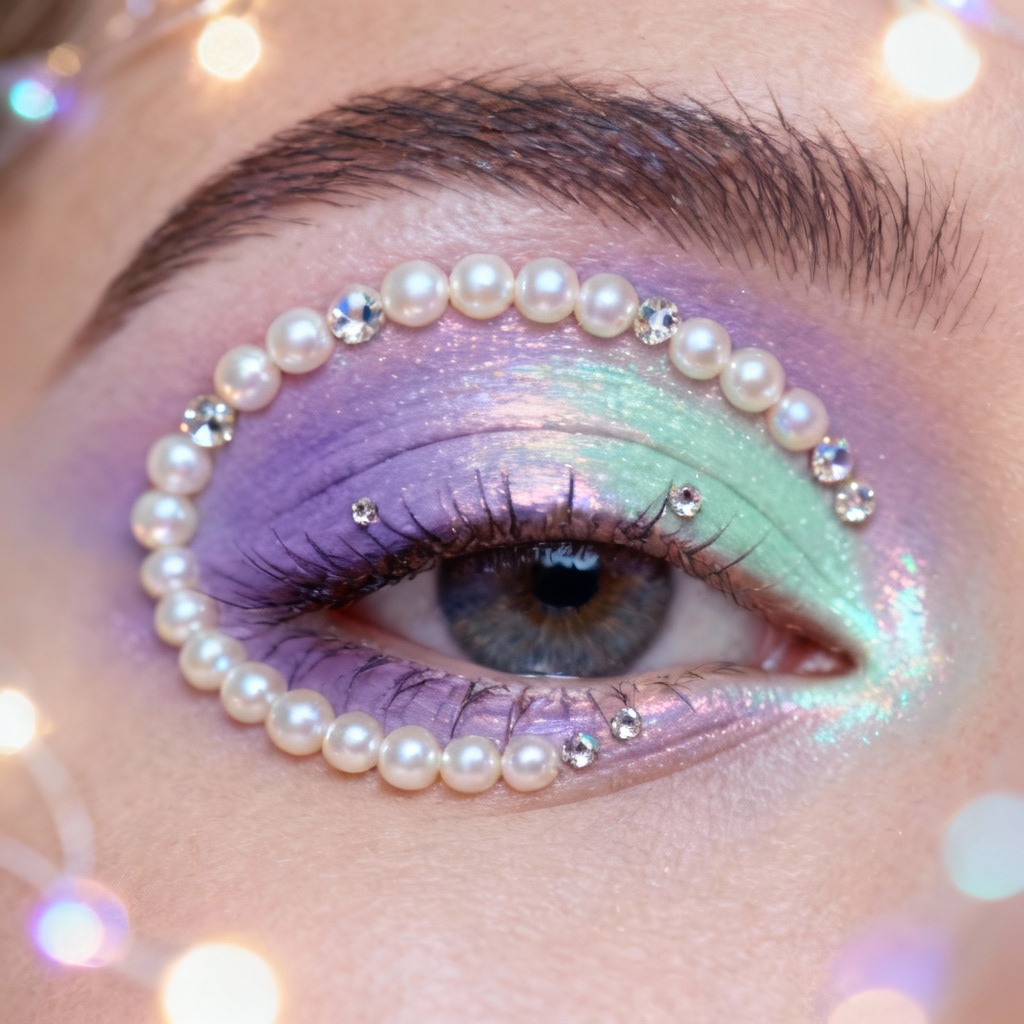AI pearl halo eyes with iridescent shimmer