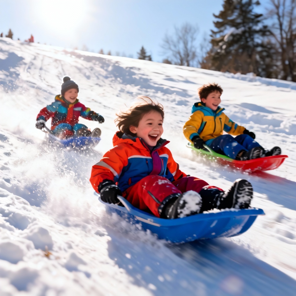 AI Kids Sledding Down Snowy Hill