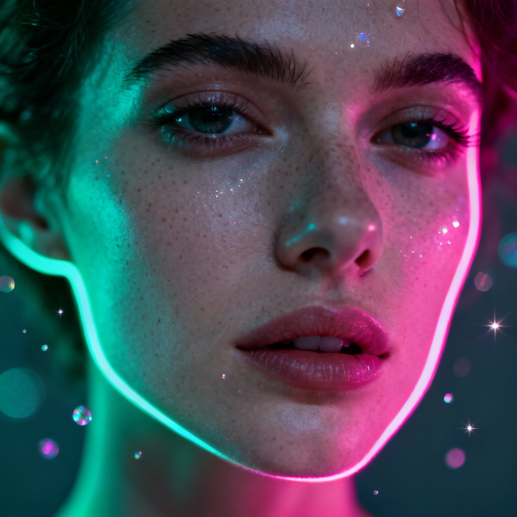 AI glittering effect on neon portrait