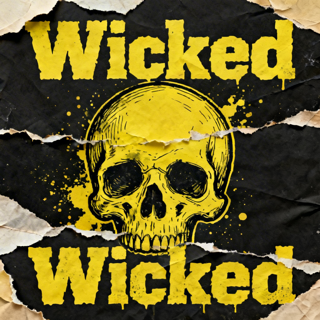 AI wicked poster with grunge skull and ripped paper typography