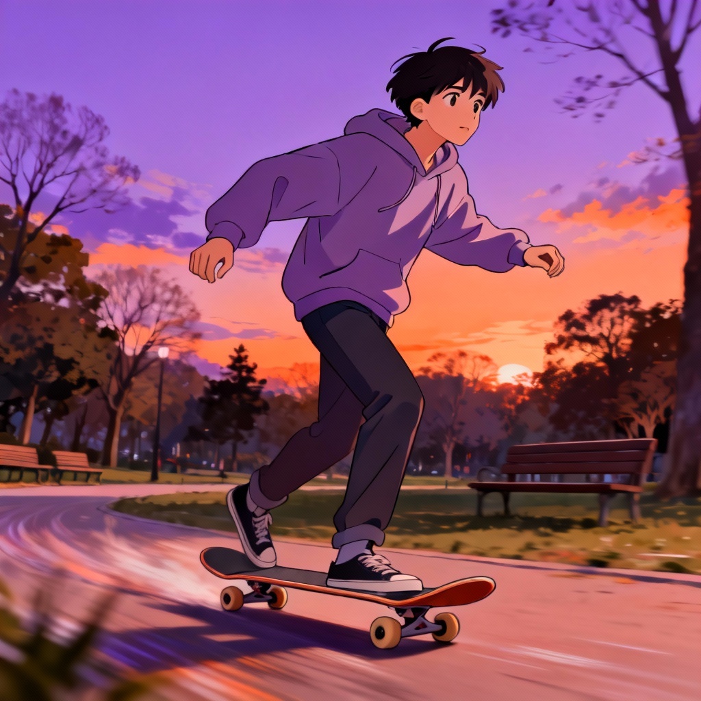 AI anime chill skater boy cruising through a park at dusk