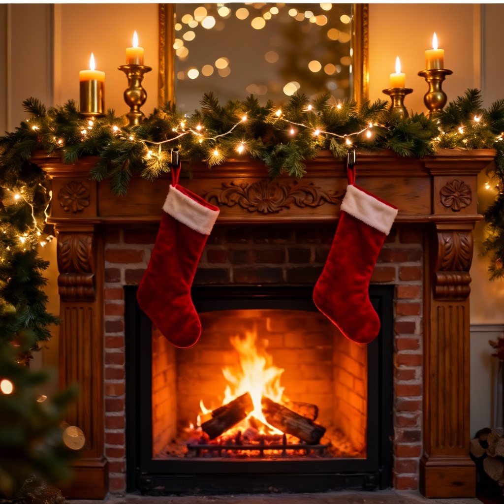 Classic holiday mantel with garland and glowing Yule log