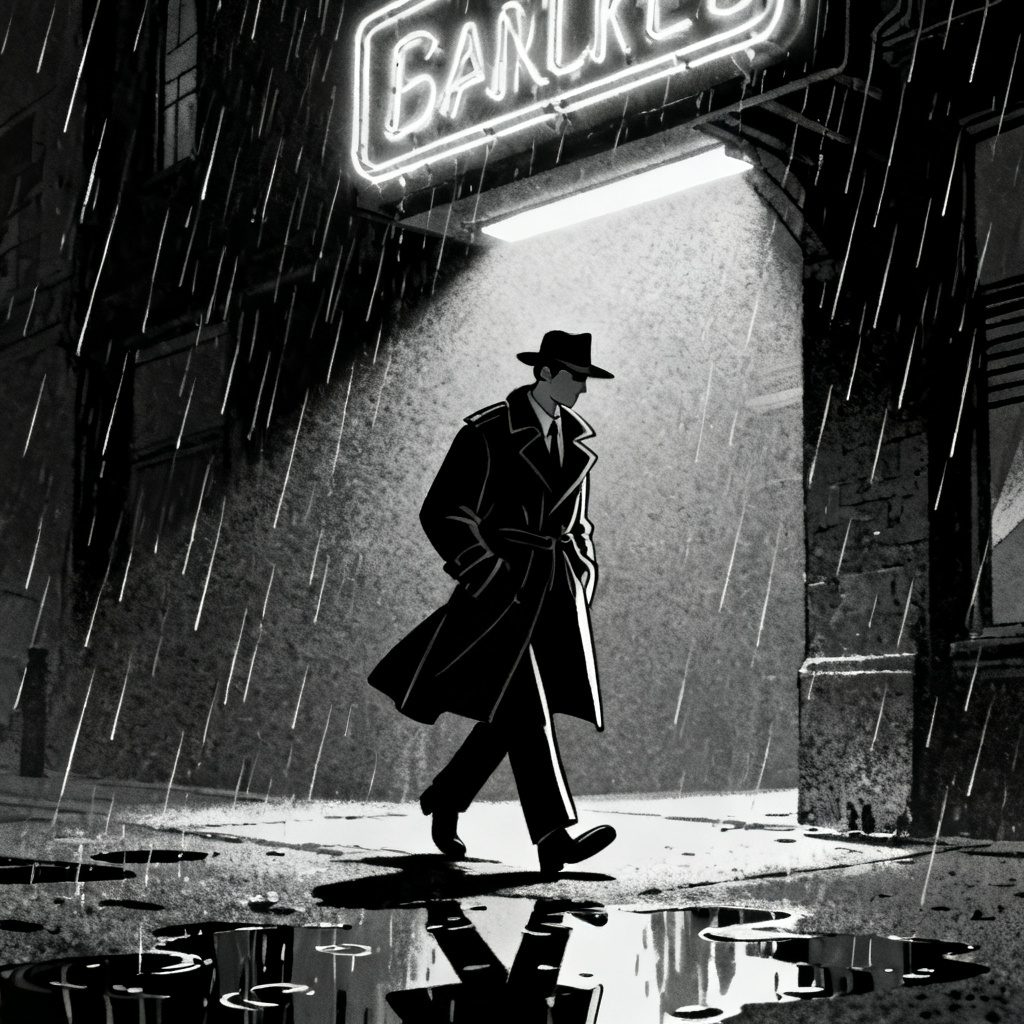 AI noir cartoon detective walking in rainy night