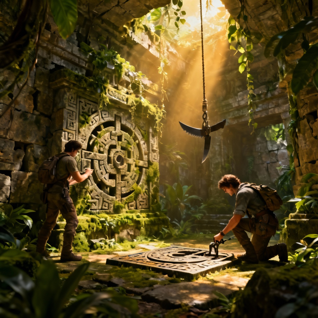 Jungle temple puzzle chamber with traps