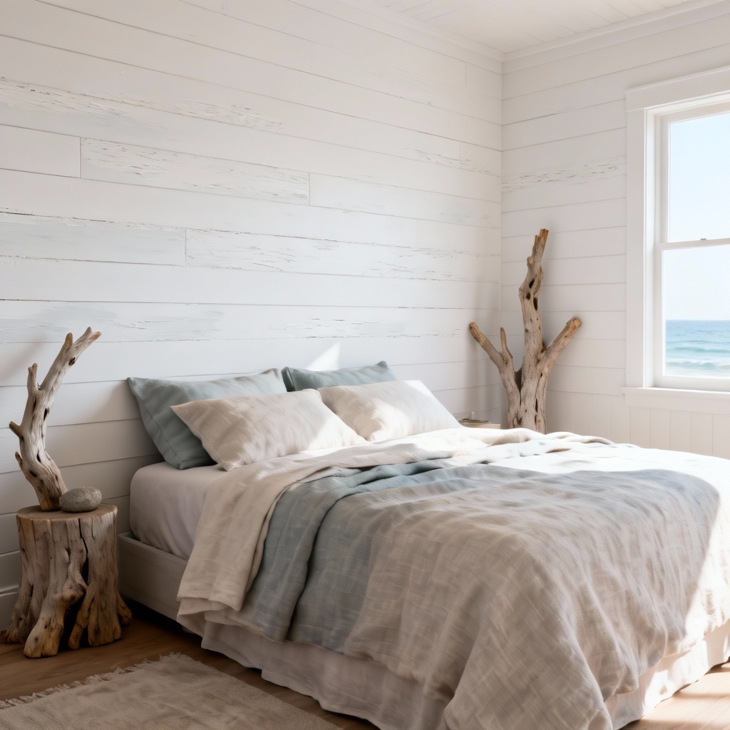 AI coastal white shiplap wall in a serene bedroom