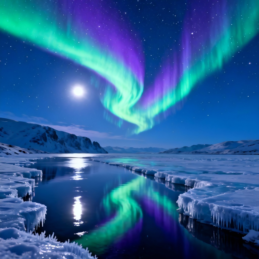 Aurora borealis sky over an icy fjord with reflections